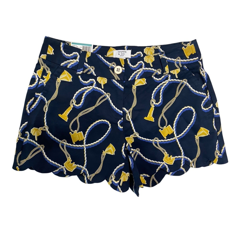 NWT Crown & Ivy Shelby Shorts 0P Petite Navy Blue Nautical Chain Rope Scallop 0